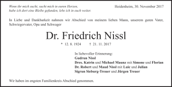 Traueranzeige von Dr. Friedrich Nissl von Heidenheimer Zeitung