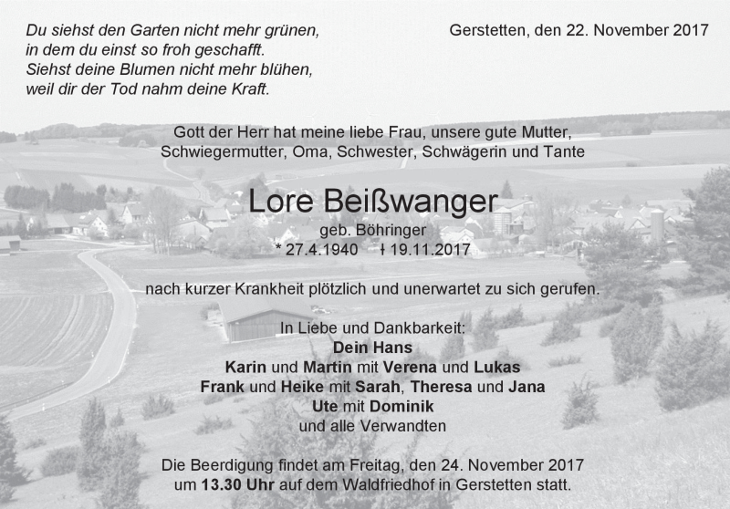  Traueranzeige für Lore Beißwanger vom 22.11.2017 aus Heidenheimer Zeitung