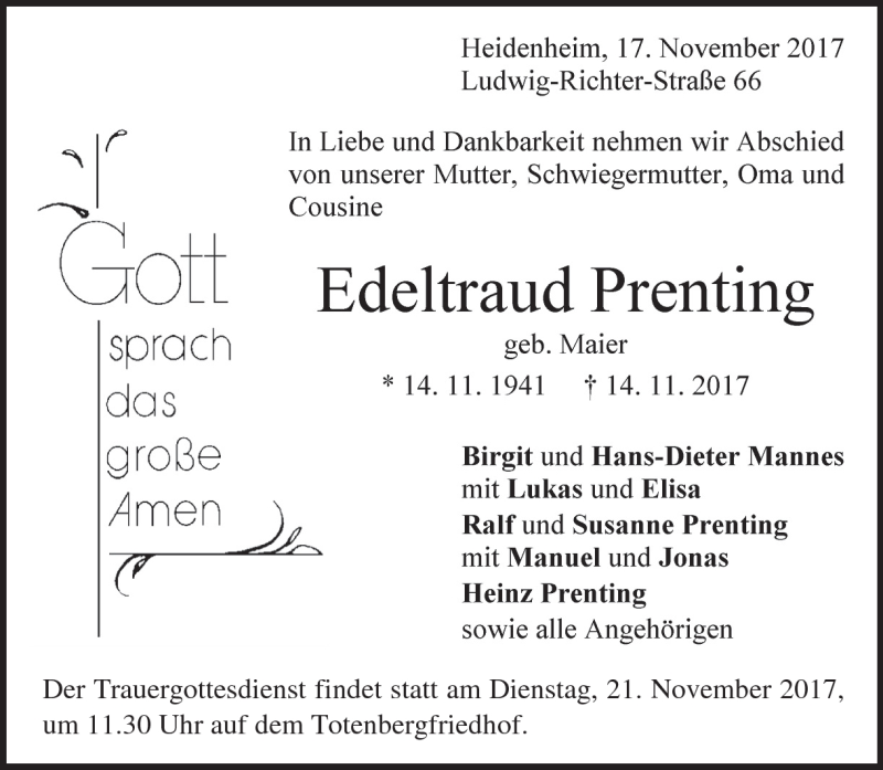  Traueranzeige für Edeltraud Prenting vom 17.11.2017 aus Heidenheimer Zeitung