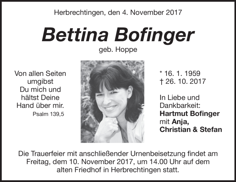  Traueranzeige für Bettina Bofinger vom 04.11.2017 aus Heidenheimer Zeitung