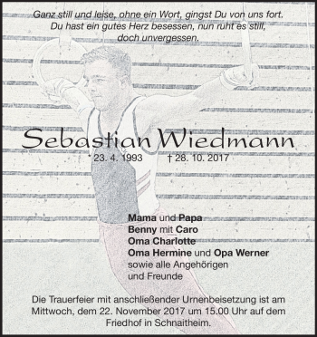 Traueranzeige von Sebastian Wiedmann von Heidenheimer Zeitung