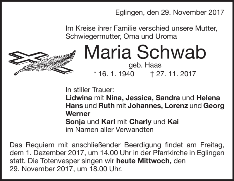 Traueranzeige für Maria Schwab vom 29.11.2017 aus Heidenheimer Zeitung