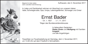 Traueranzeige von Ernst Bader von Heidenheimer Zeitung