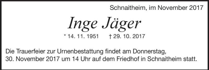  Traueranzeige für Inge Jäger vom 25.11.2017 aus Heidenheimer Zeitung