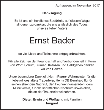 Traueranzeige von Ernst Bader von Heidenheimer Zeitung