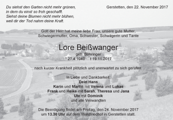 Traueranzeige von Lore Beißwanger von Heidenheimer Zeitung