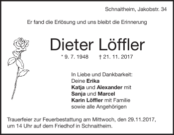 Traueranzeige von Dieter Löffler von Heidenheimer Zeitung