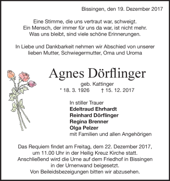 Traueranzeige von Agnes Dörflinger von Heidenheimer Zeitung