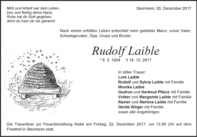  Traueranzeige für Rudolf Laible vom 20.12.2017 aus Heidenheimer Zeitung
