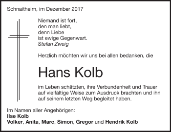 Traueranzeige von Hans Kolb von Heidenheimer Zeitung