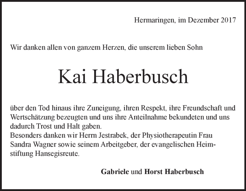  Traueranzeige für Kai Haberbusch vom 21.12.2017 aus Heidenheimer Zeitung