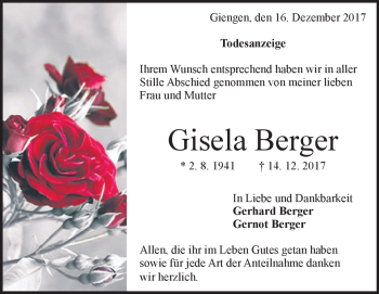 Traueranzeige von Gisela  Berger von Heidenheimer Zeitung