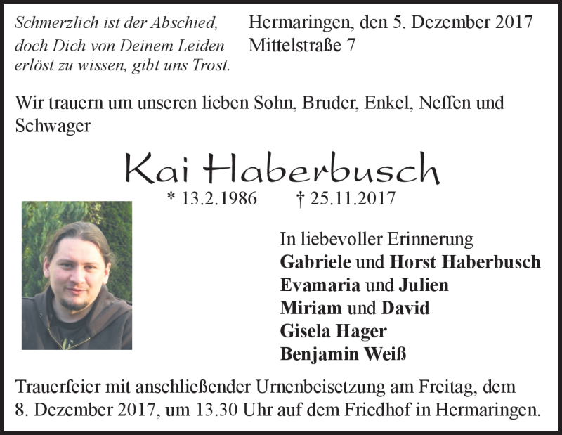  Traueranzeige für Kai Haberbusch vom 05.12.2017 aus Heidenheimer Zeitung