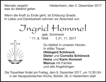 Traueranzeige von Ingrid Hommel  von Heidenheimer Zeitung