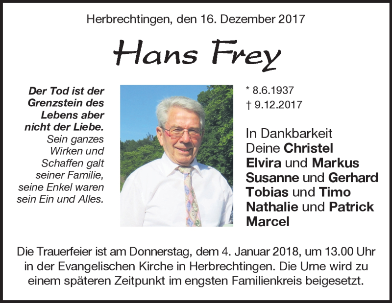  Traueranzeige für Hans Frey vom 16.12.2017 aus Heidenheimer Zeitung