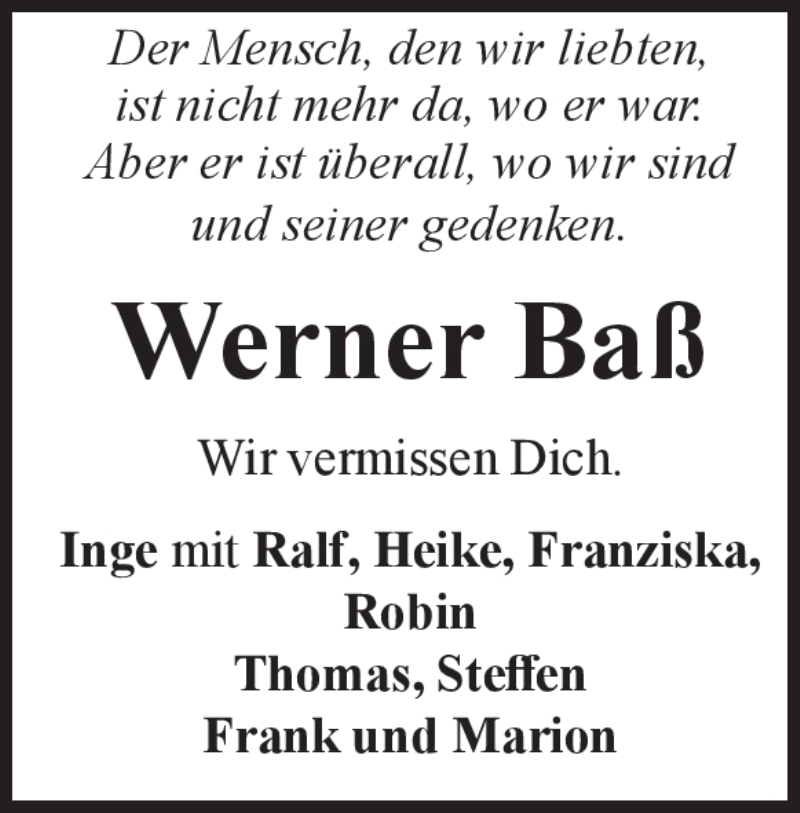  Traueranzeige für Werner Baß vom 23.12.2017 aus Heidenheimer Zeitung