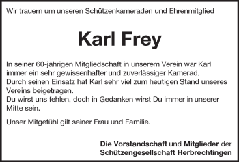 Traueranzeige von Karl Frey von Heidenheimer Zeitung