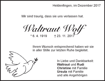 Traueranzeige von Waltraut Wolf von Heidenheimer Zeitung