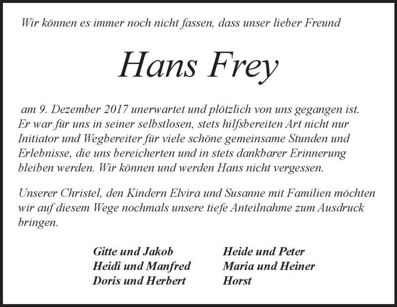  Traueranzeige für Hans Frey vom 29.12.2017 aus Heidenheimer Zeitung