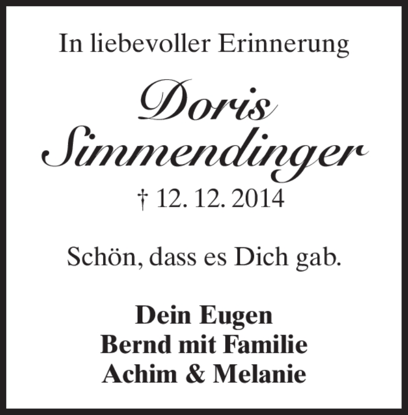  Traueranzeige für Doris Simmendinger vom 12.12.2017 aus Heidenheimer Zeitung