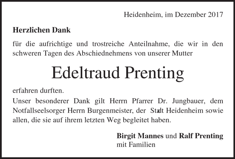  Traueranzeige für Edeltraud Prenting vom 01.12.2017 aus Heidenheimer Zeitung