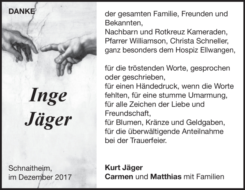 Traueranzeige für Inge Jäger vom 07.12.2017 aus Heidenheimer Zeitung