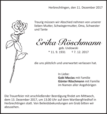 Traueranzeige von Erika Röschmann von Heidenheimer Zeitung