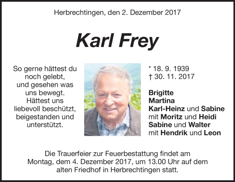  Traueranzeige für Karl Frey vom 02.12.2017 aus Heidenheimer Zeitung