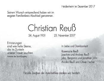 Traueranzeige von Christian  Reuß von Heidenheimer Zeitung