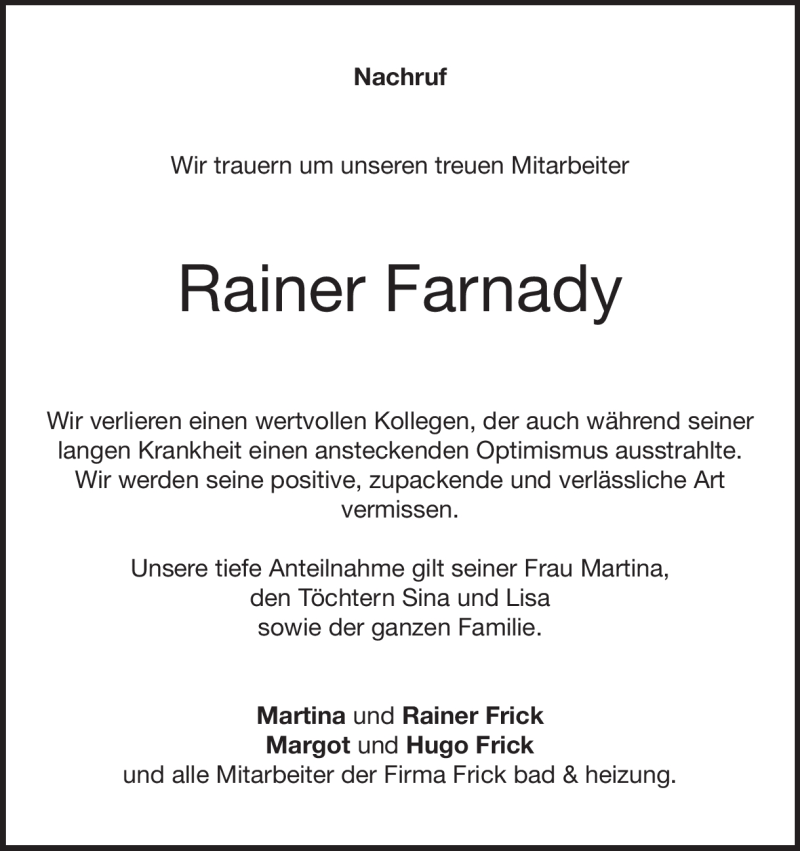  Traueranzeige für Rainer Farnady vom 08.12.2017 aus Heidenheimer Zeitung
