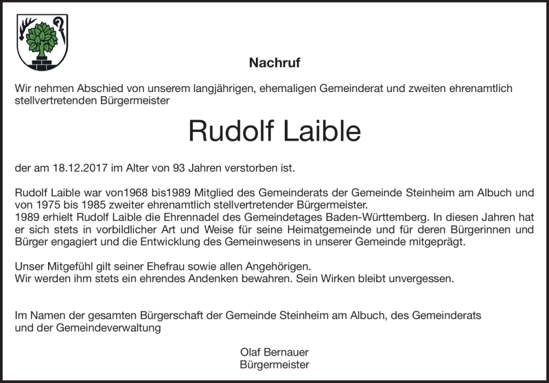  Traueranzeige für Rudolf Laible vom 21.12.2017 aus Heidenheimer Zeitung