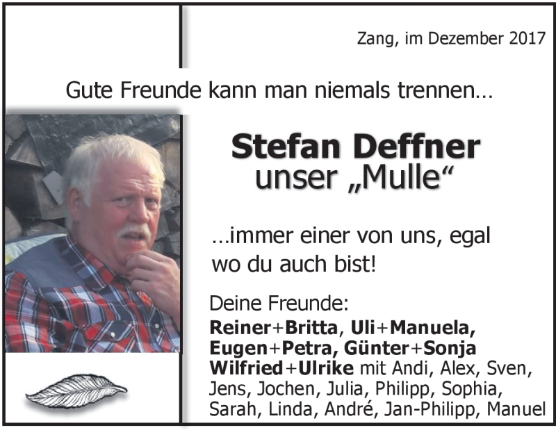  Traueranzeige für Stefan Deffner vom 13.12.2017 aus Heidenheimer Zeitung