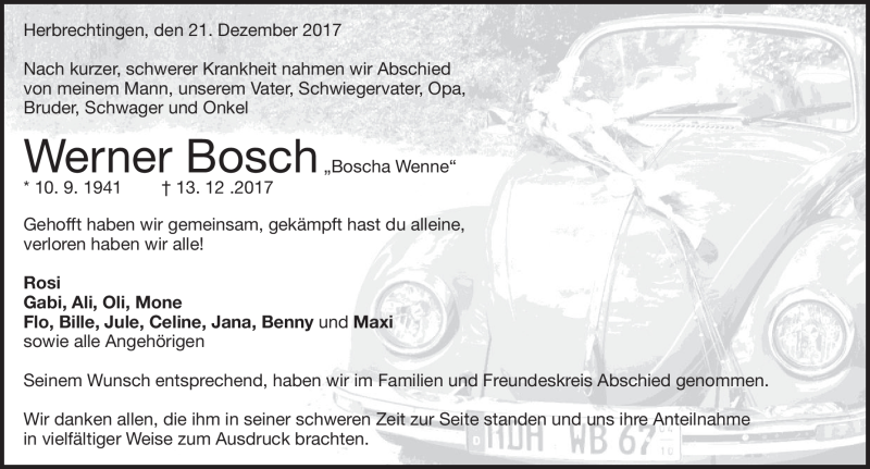  Traueranzeige für Werner Bosch vom 21.12.2017 aus Heidenheimer Zeitung