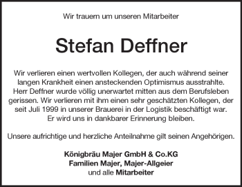 Traueranzeige von Stefan Deffner von Heidenheimer Zeitung