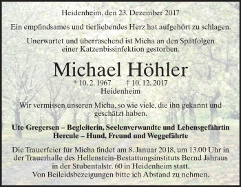 Traueranzeige von Michael Höhler von Heidenheimer Zeitung