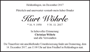 Traueranzeige von Kurt Wöhrle von Heidenheimer Zeitung