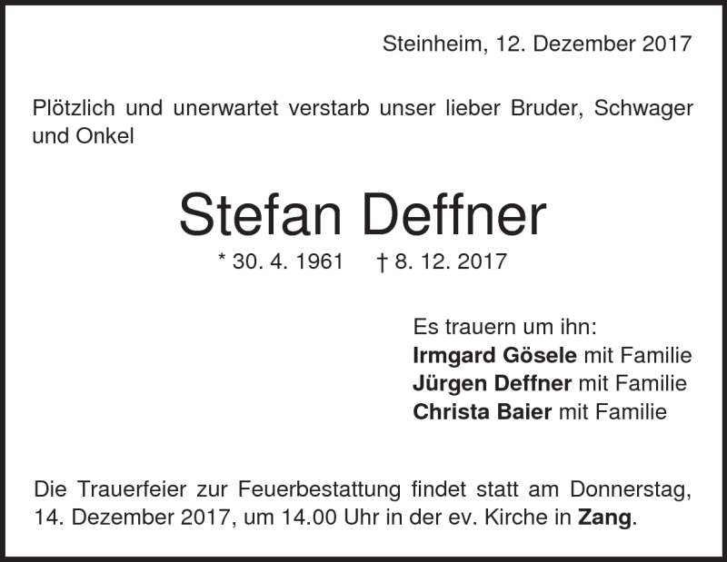  Traueranzeige für Stefan Deffner vom 12.12.2017 aus Heidenheimer Zeitung