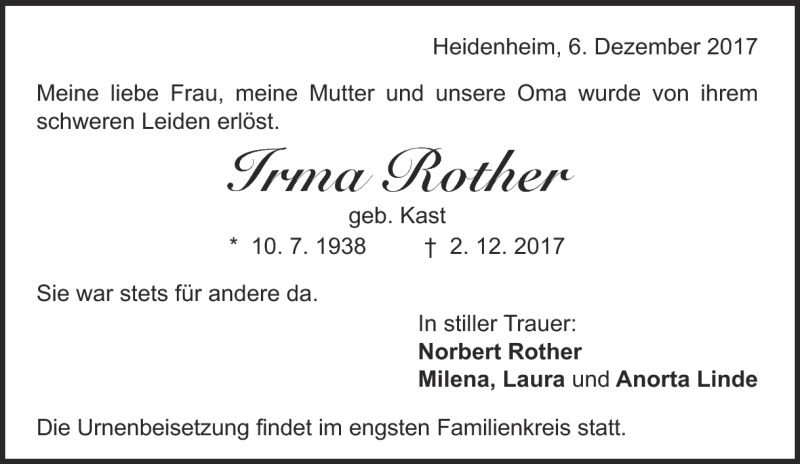  Traueranzeige für Irma Rother vom 06.12.2017 aus Heidenheimer Zeitung