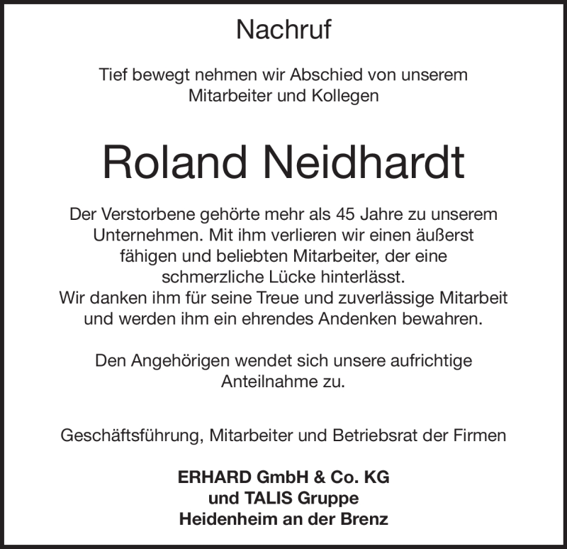  Traueranzeige für Roland Neidhardt vom 01.12.2017 aus Heidenheimer Zeitung