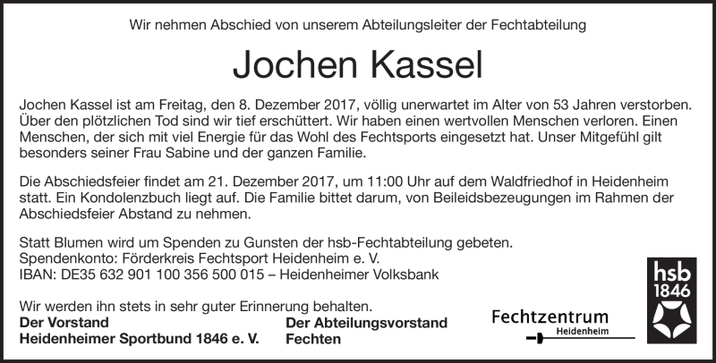  Traueranzeige für Jochen Kassel vom 15.12.2017 aus Heidenheimer Zeitung