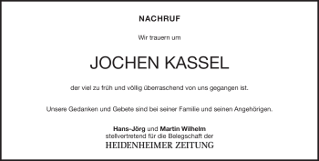 Traueranzeige von Jochen Kassel von Heidenheimer Zeitung