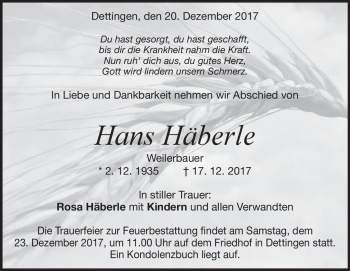 Traueranzeige von Hans Häberle von Heidenheimer Zeitung