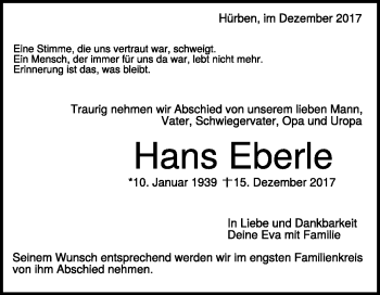 Traueranzeige von Hans Eberle von Heidenheimer Zeitung