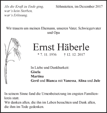 Traueranzeige von Ernst Häberle von Heidenheimer Zeitung