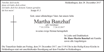 Traueranzeige von Martha Banzhaf von Heidenheimer Zeitung