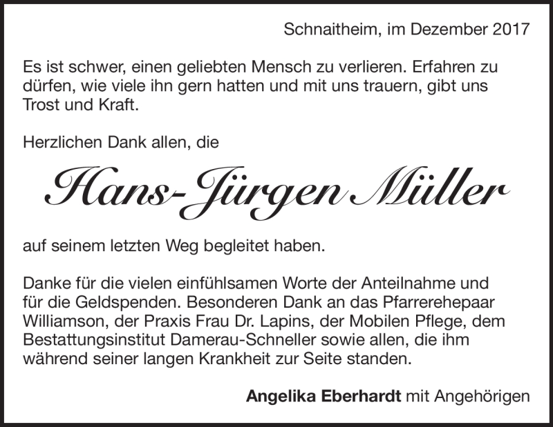 Traueranzeige für Hans-Jürgen Müller vom 02.12.2017 aus Heidenheimer Zeitung