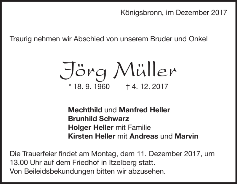  Traueranzeige für Jörg Müller vom 08.12.2017 aus Heidenheimer Zeitung
