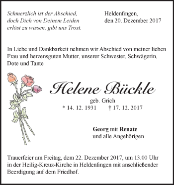 Traueranzeige von Helene Bückle von Heidenheimer Zeitung