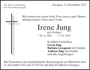 Traueranzeige von Irene Jung  von Heidenheimer Zeitung