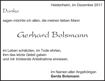 Traueranzeige von Gerhard  Bolsmann von Heidenheimer Zeitung